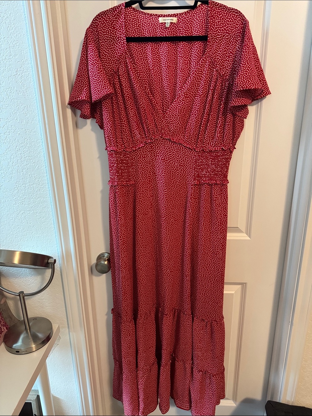 Max Studio Red Dot-Print Maxi Dress with Smocked Waist
